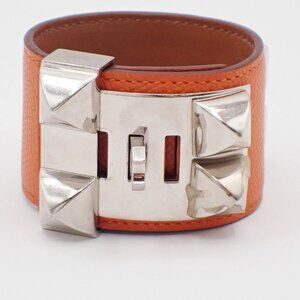 HERMES Collier de Chien Bracelet Epsom Leather Orange Size S Palladium 89DA233